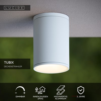 Lucide TUBIX - Deckenstrahler Innen/Außen - Ø 10,8 cm - 1xE27 - IP54 - Weiß